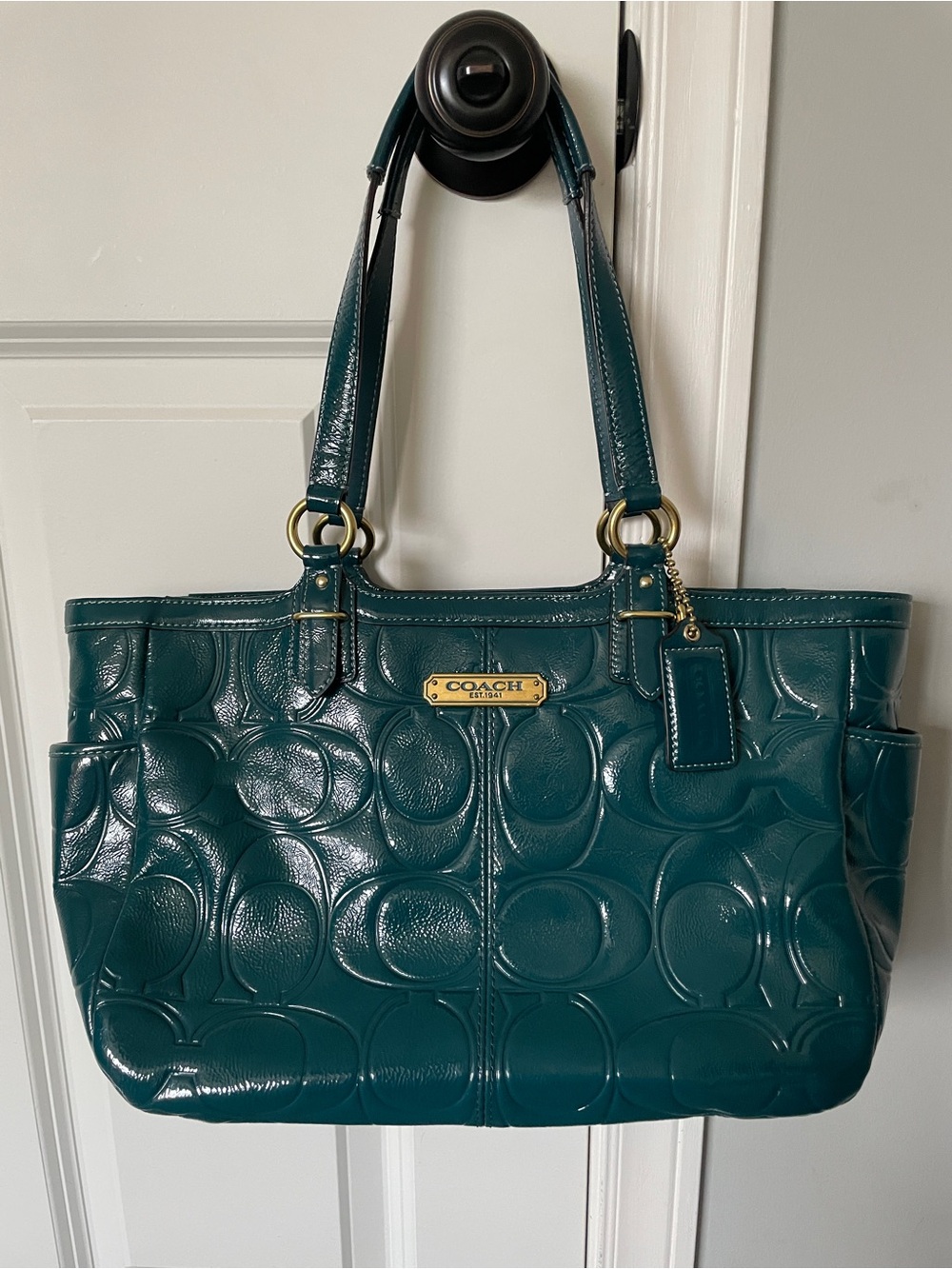 Coach Teal Patent Signature Tote with Gold Hardware and Matching Wristlet